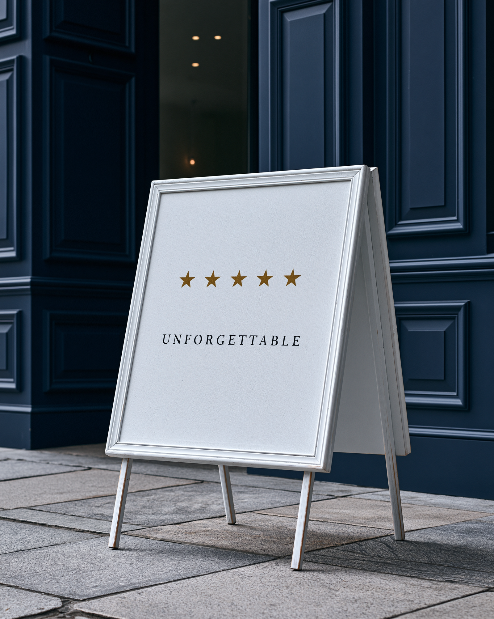 A white wooden sandwich board sign with five gold stars and the word Unforgettable, standing outside a navy blue storefront, representing how guest reviews market a hospitality business
